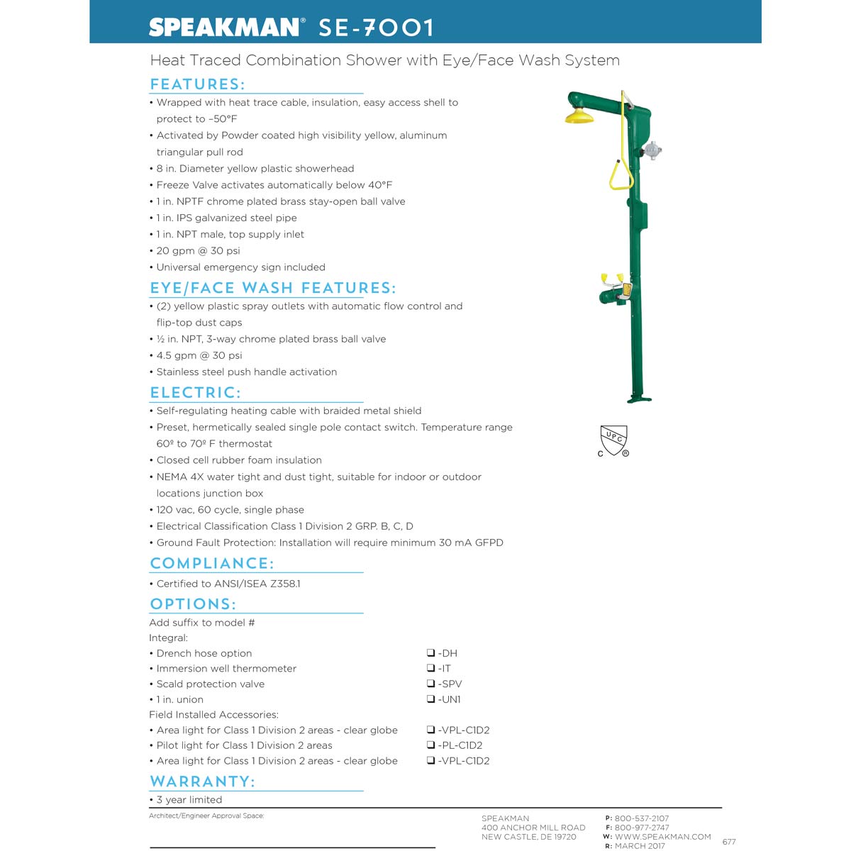 Speakman SE-7001-220V50C Heat Traced Combination Emergency Shower & Eye/face Wash with Top Supply - SE-7001-220V50C