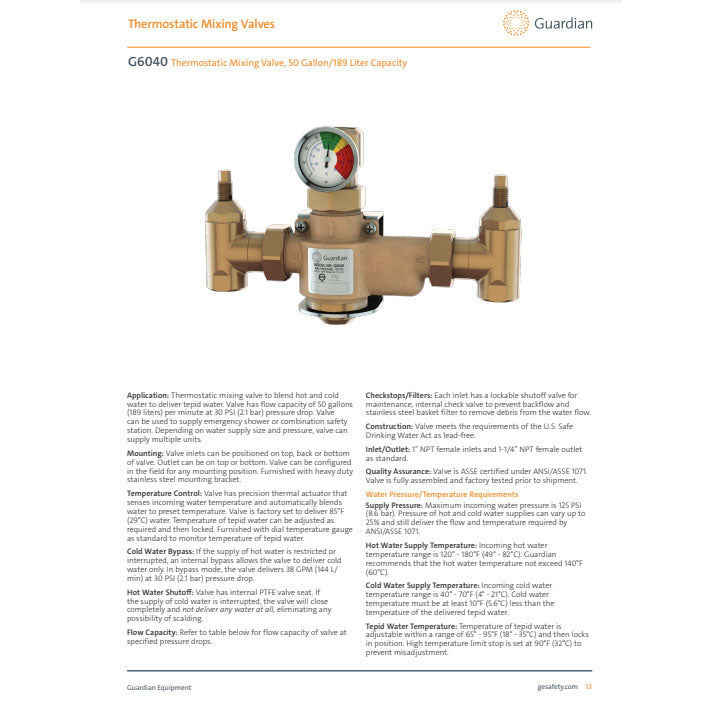 Guardian G6040 Thermostatic Mixing Valve, 50 Gallon/189 Liter Capacity - Replaces Guardian G3800LF