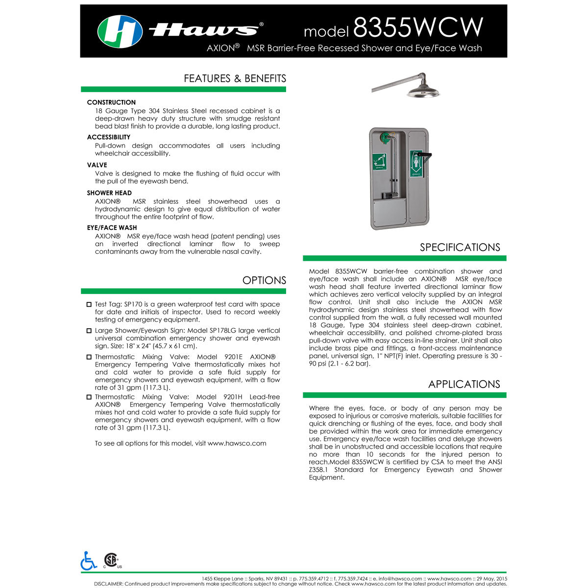 Haws 8356WCDD AXION MSR Barrier-Free Recessed Shower and Eye/Face Wash