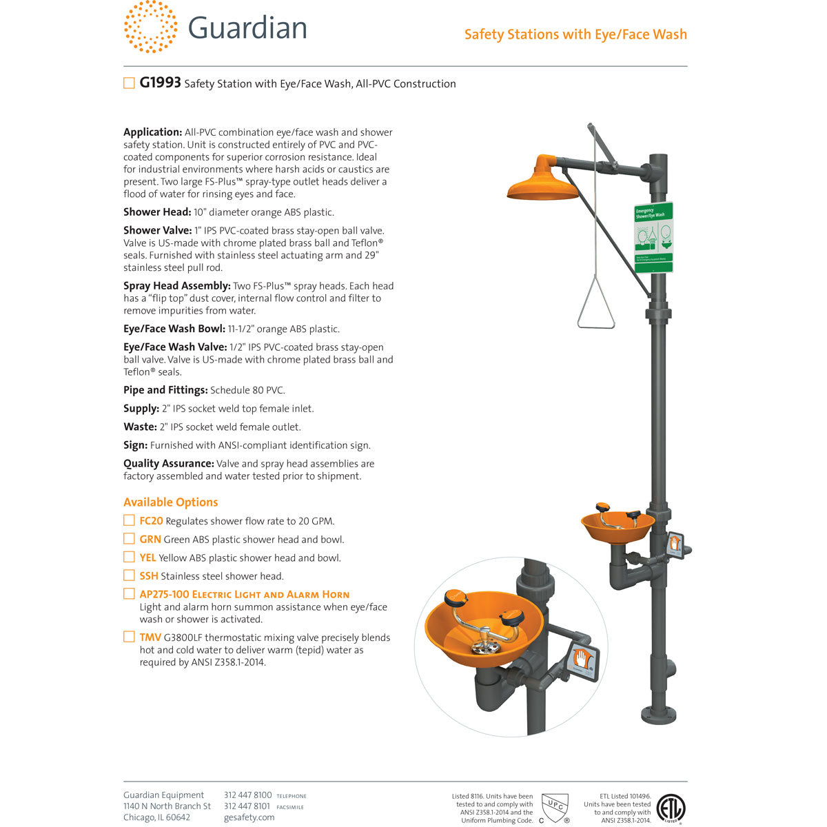 Guardian G1993 Safety Shower with Eye/Face Wash Station, AllPVC