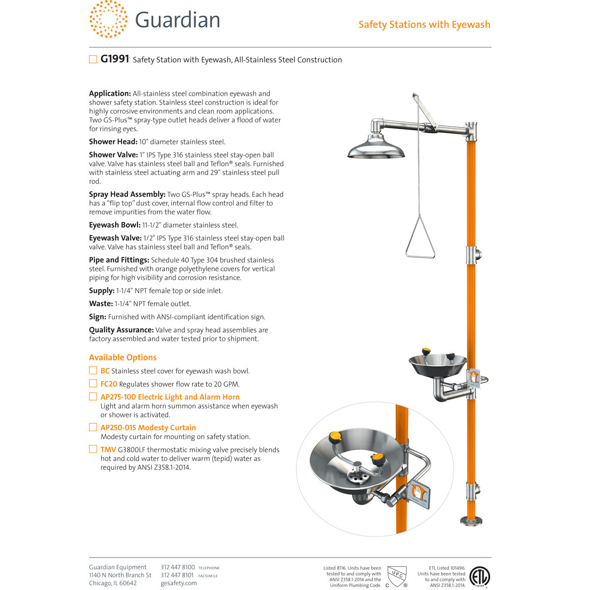 Guardian G1991 Safety Shower with Eyewash Station, All-Stainless Steel Construction