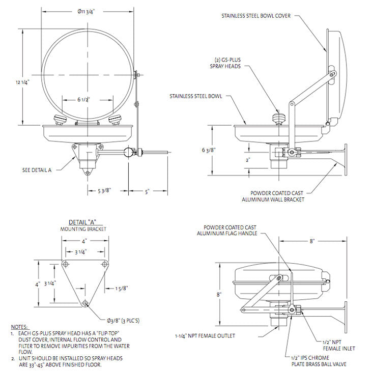 Guardian G1814BC Eyewash, Wall Mounted, Stainless Steel Bowl and Cover