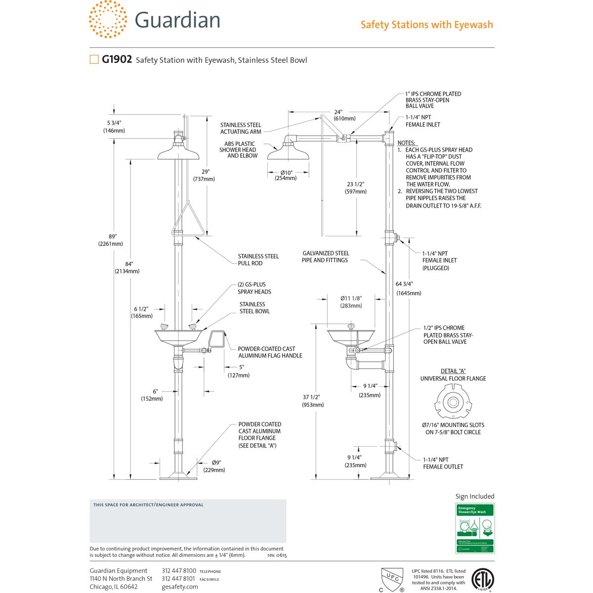 Guardian G1902 Safety Station with Eyewash Station, Stainless Steel