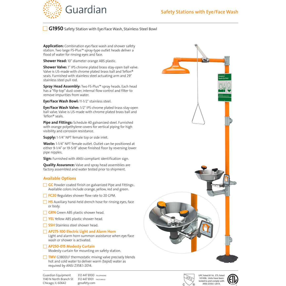 Guardian G1950 Safety Shower with Eye/Face Wash Station, Stainless Steel Bowl