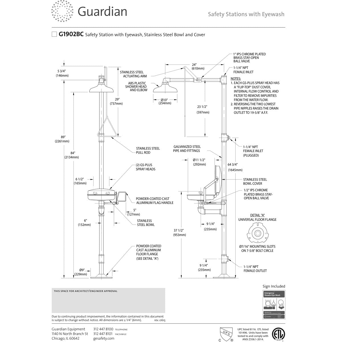 Guardian G1902BC Safety Shower with Eyewash Station, Stainless Steel Bowl and Cover