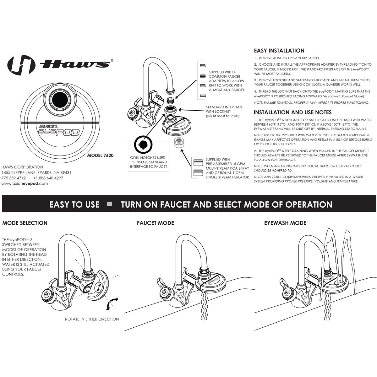 Haws 7620 Axion eyePod Eyewash Faucet Mount