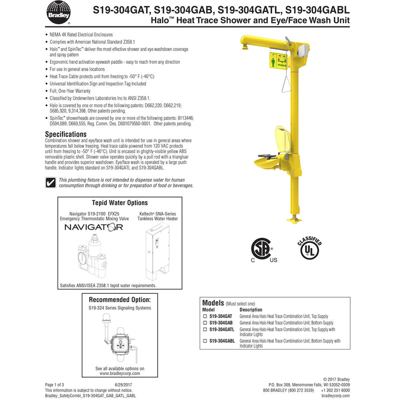 Bradley S19-304GATL General Area Halo Heat Trace Combination Unit, Top Supply with Indicator Lights