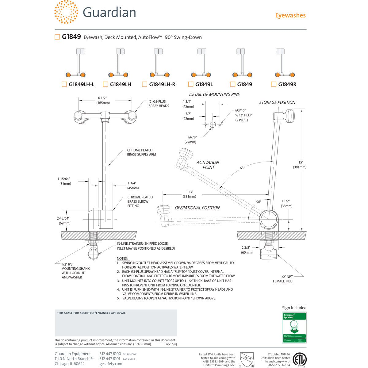 Guardian G1849LH-R Eyewash Station, Deck Mounted, Swing-Down