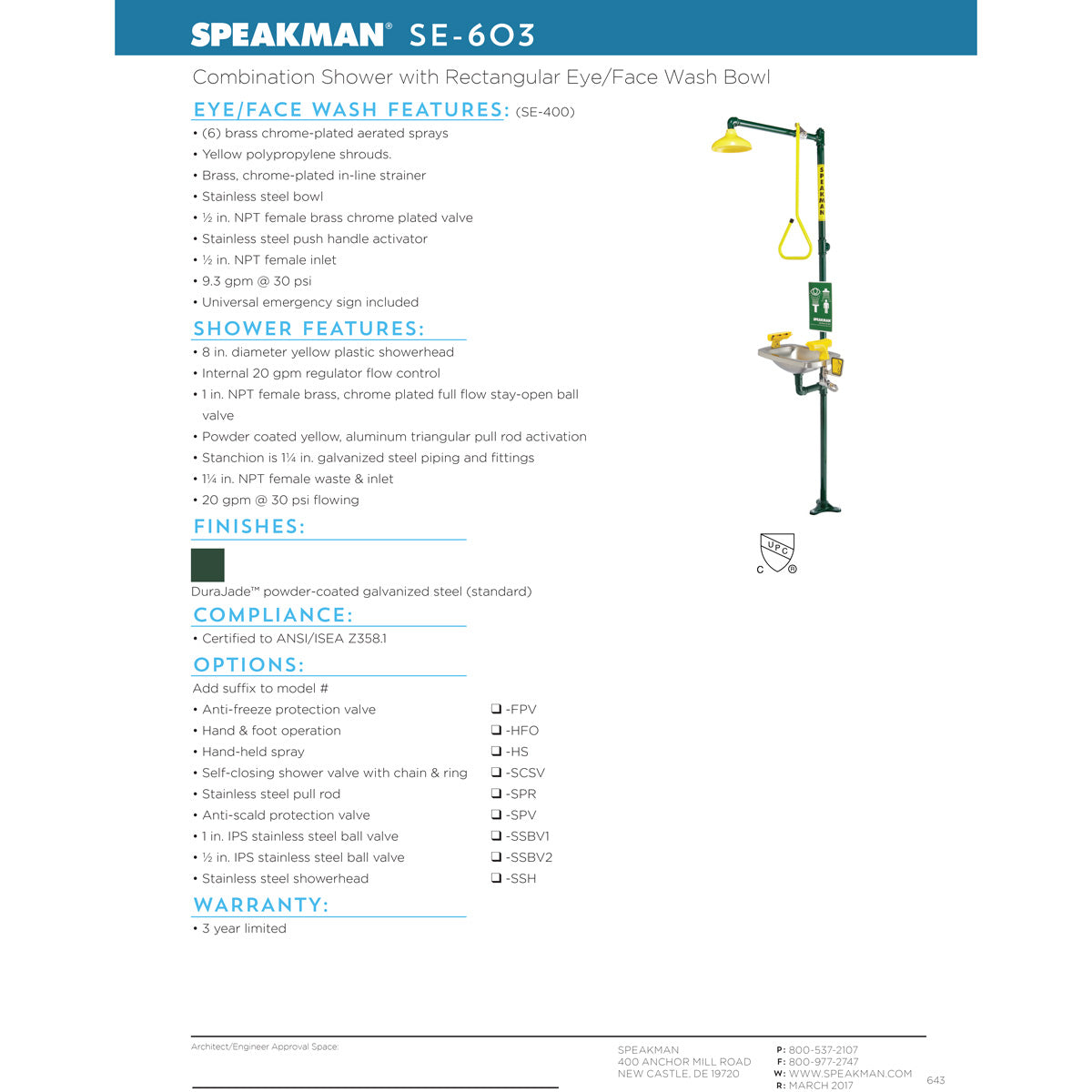 Speakman Select Series SE-603-30GPM Emergency Combination Shower & Eye/face Wash - SE-603-30GPM