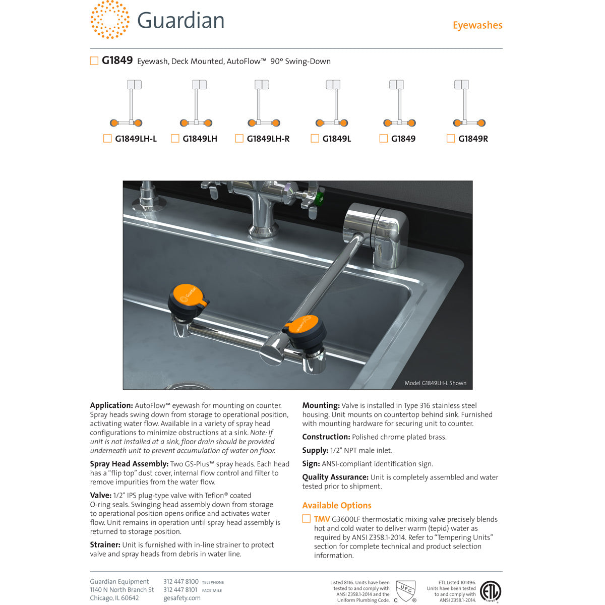 Guardian G1849LH-L Swing-Down Deck Mounted Eyewash Station