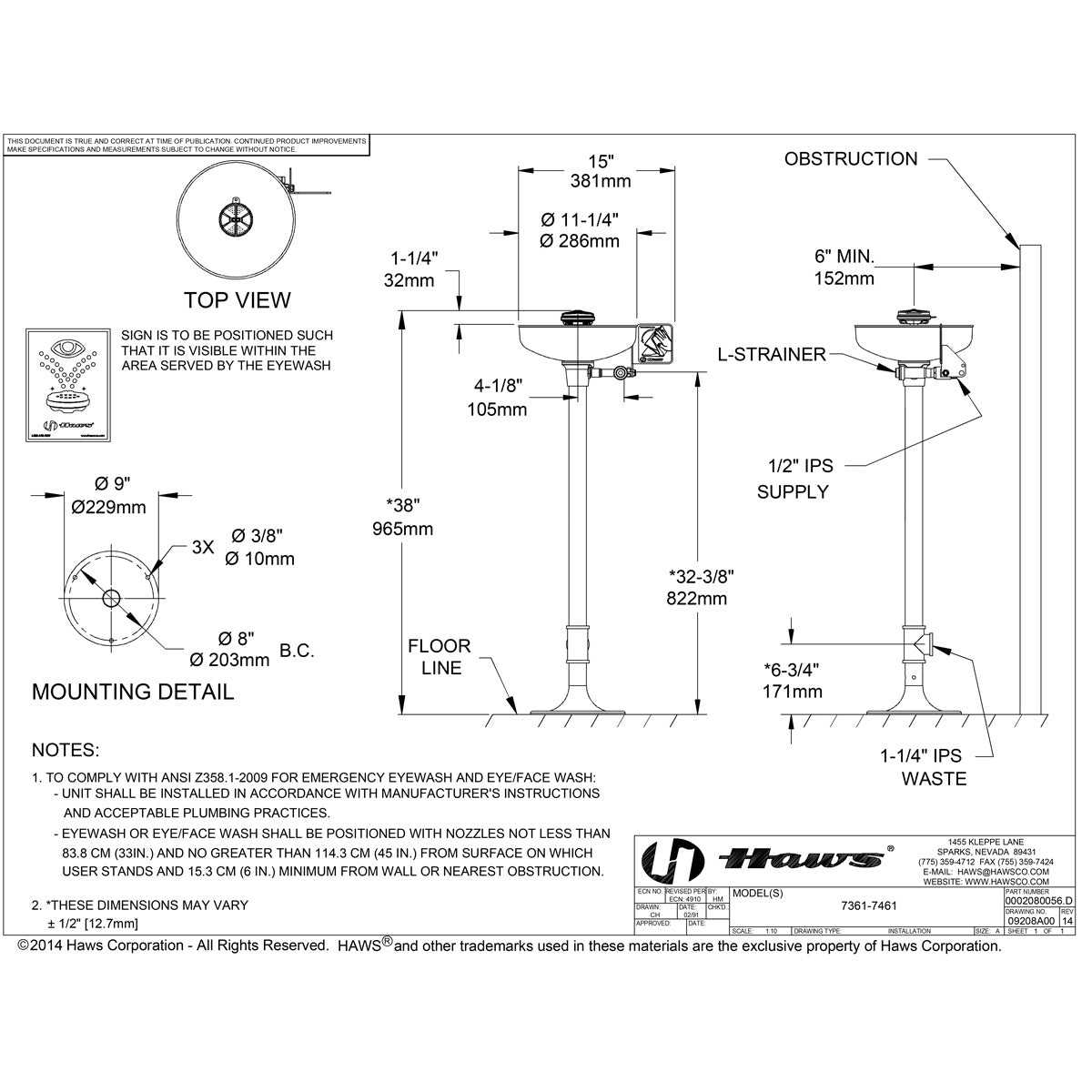 Haws 7361-7461 AXION MSR Pedestal Mount Eyewash Station with Stainless ...