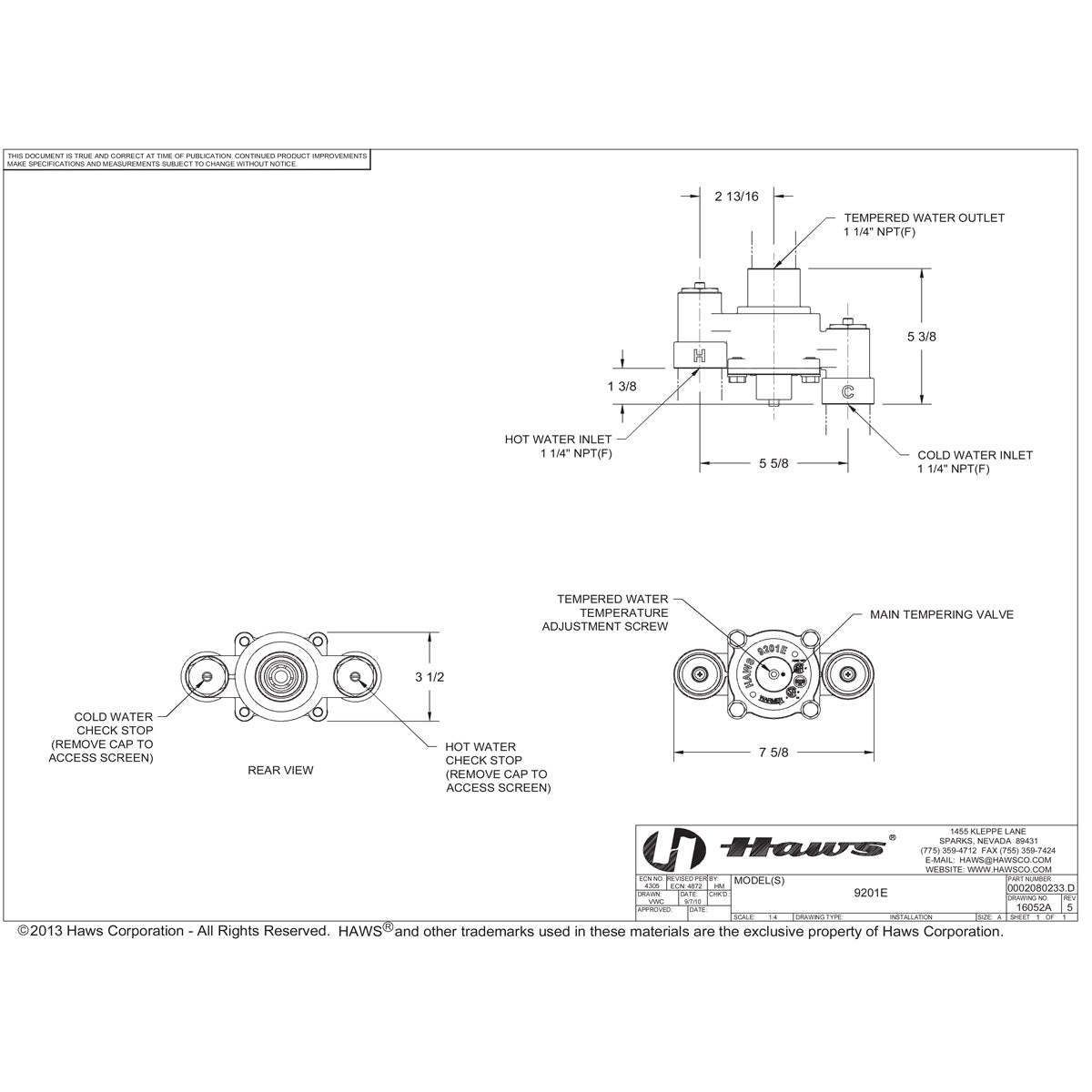 Haws 9201E Thermostatic Mixing Valve for Eyewash Stations Tepid Water