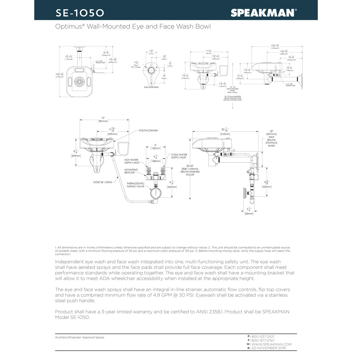 Speakman SE-1050 Optimus Eye And Face Wash Bowl Wall Mount System