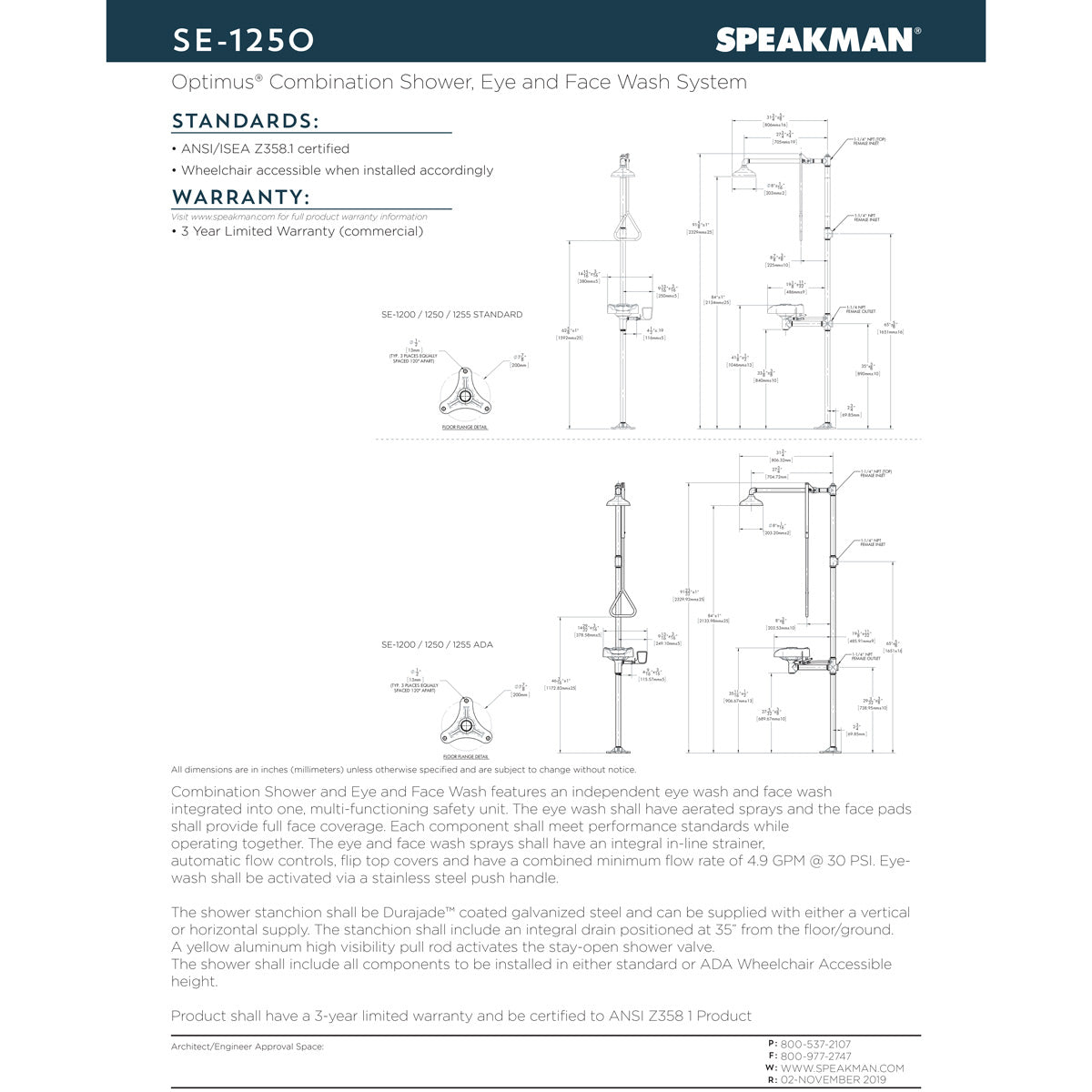 Speakman SE-1250 Optimus Eye And Face Wash Bowl Combination Emergency Shower System