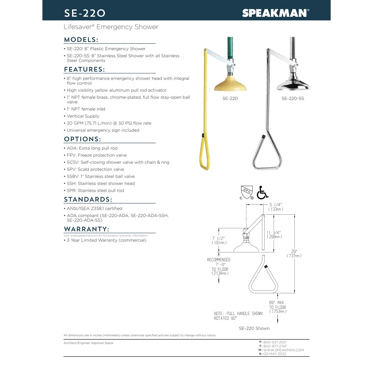 Speakman Lifesaver SE-220-30GPM Vertical Emergency Shower - SE-220-30GPM