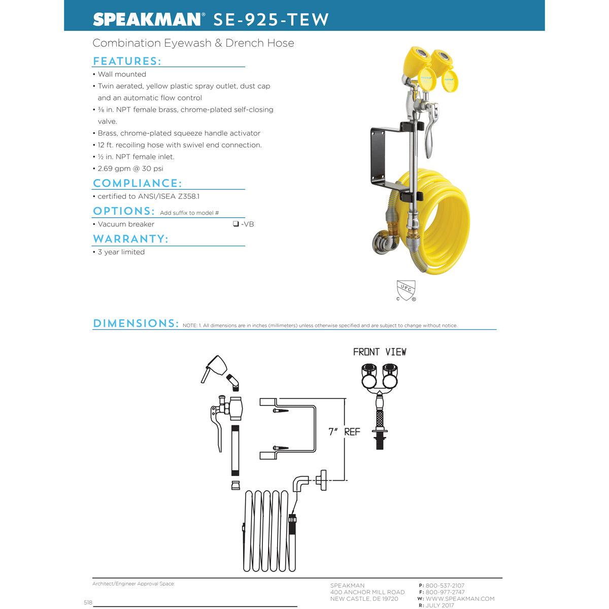 Speakman SE-925-TEW Drench Hose and Eyewash Combination