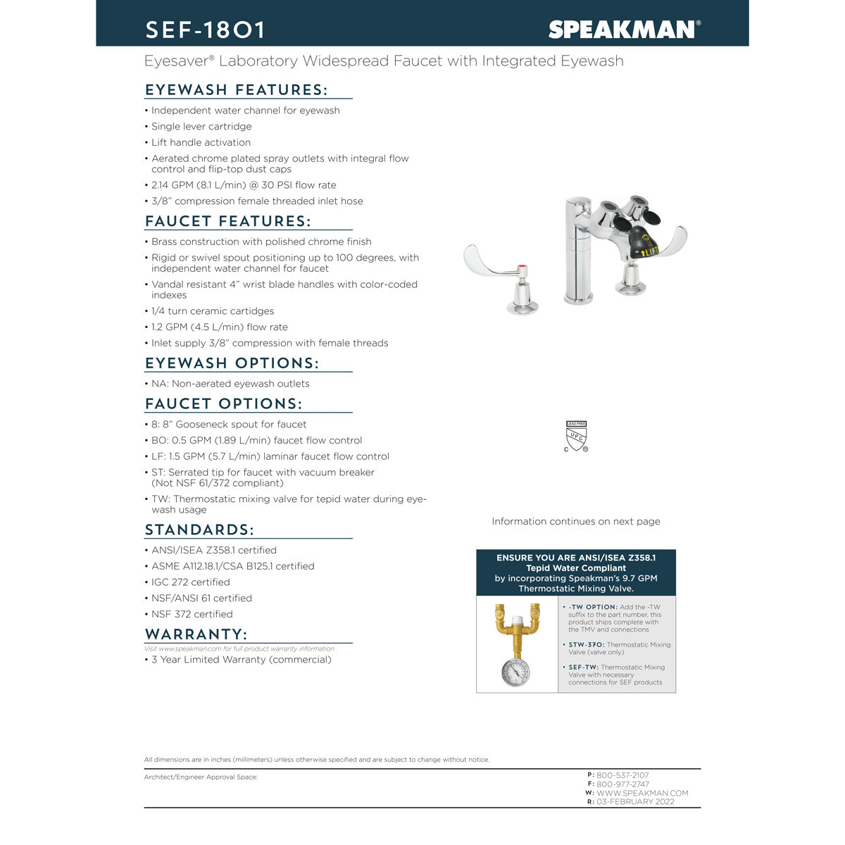 Speakman SEF-1801 Eyesaver Eye Wash Faucet Combination Widespread Laboratory Faucet