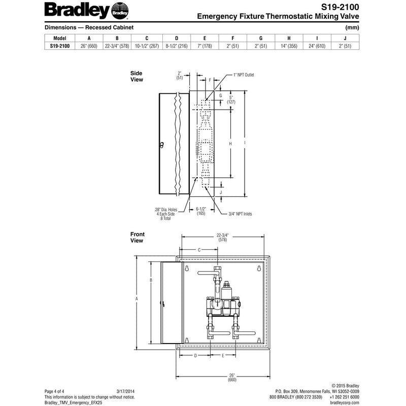 Bradley S19-2100 Eyewash Safety Shower Thermostatic Mixing Valve 26 GPM