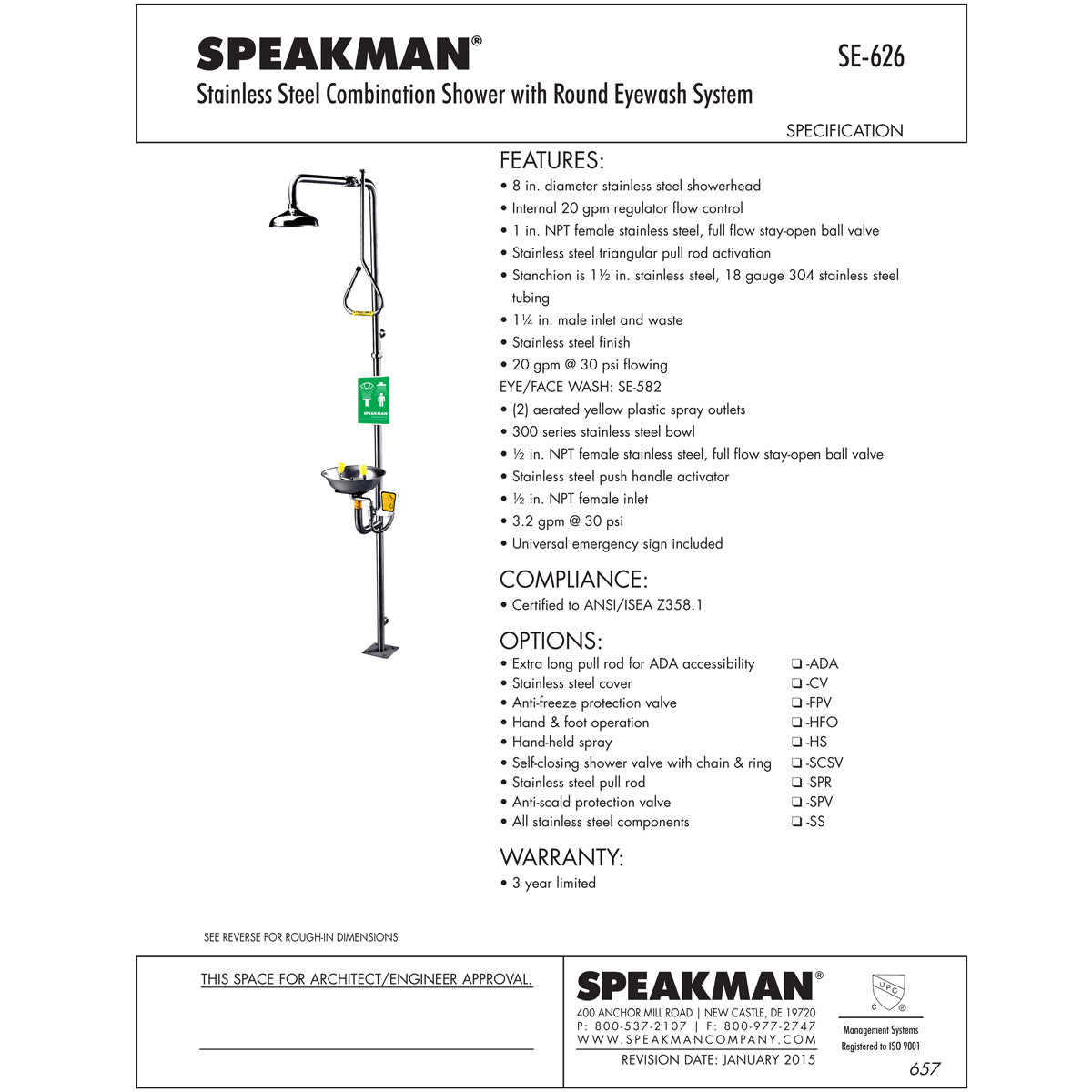 Speakman SE-626 Combination Eye/Face Wash and Drench Shower