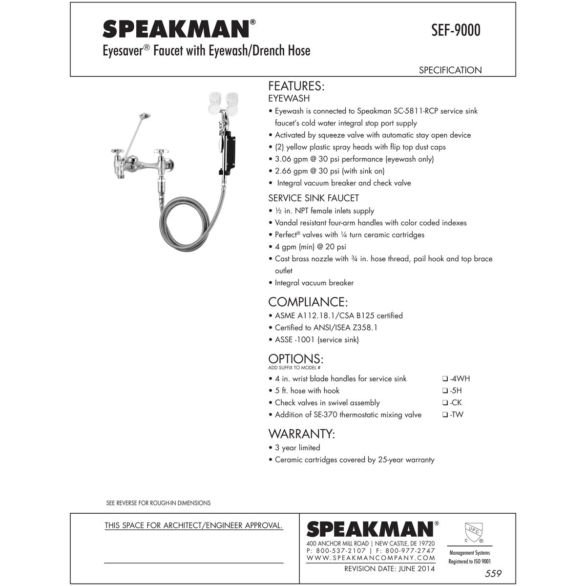 Speakman Eyesaver SEF-9000-5H Service Sink Eyewash Faucet W/5 ft. Hose - SEF-9000-5H