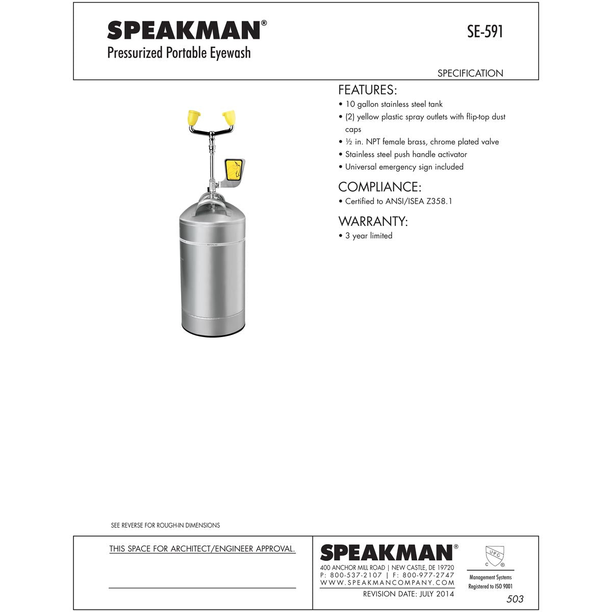 Speakman SE-591 Pressurized Portable Eyewash