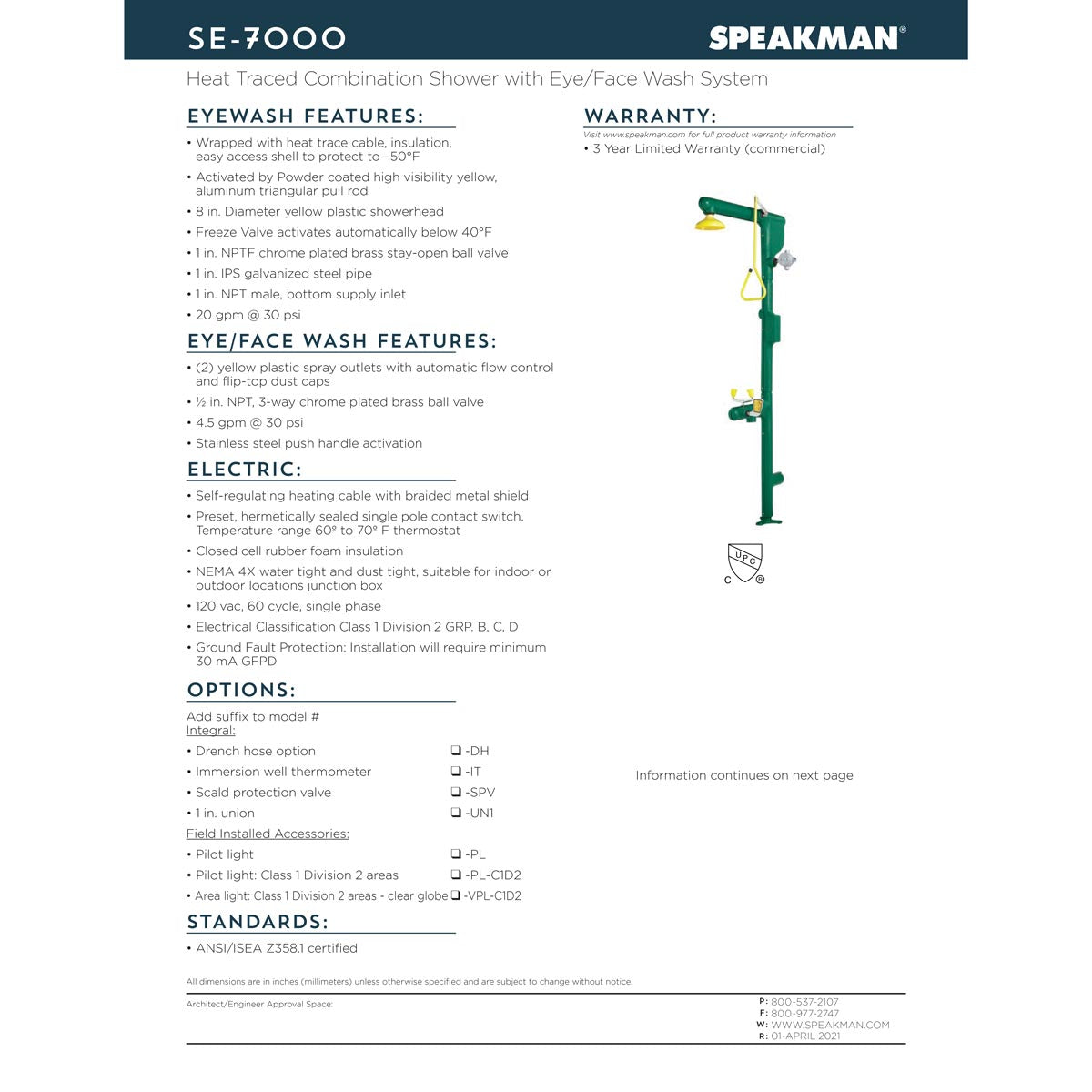 Speakman SE-7000-VPLC1D2 Heat Traced Combination Emergency Shower & Eye/face Wash with Area Light - SE-7000-VPLC1D2