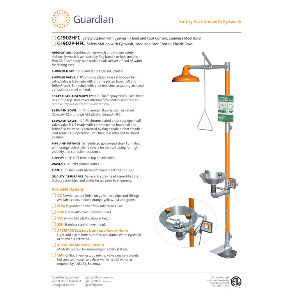 Guardian G1902HFC Safety Shower with Eyewash Station, Hand/Foot Control ...