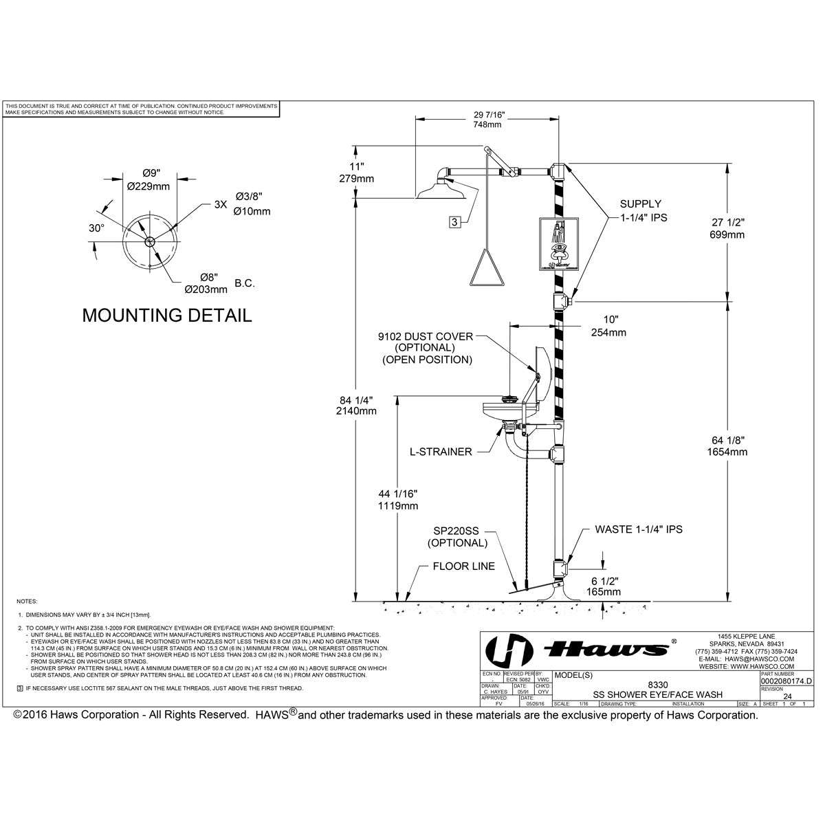 Haws 8330 Stainless Steel Combination Eyewash Station & Drench Shower