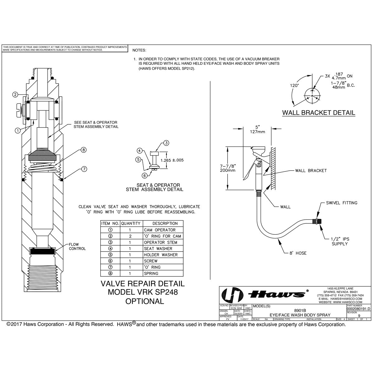 Haws 8901B Wall-Mounted Body Spray w/ 8' Hose