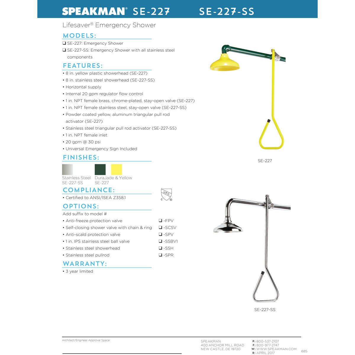 Speakman SE-227-SS Lifesaver(R) Emergency Deluge Shower, Horizontal supply